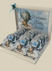 Teddy Bear Hot Air Balloon Baby Shower Chocolate Card Box — 24 Pieces — Chocoodad Baku