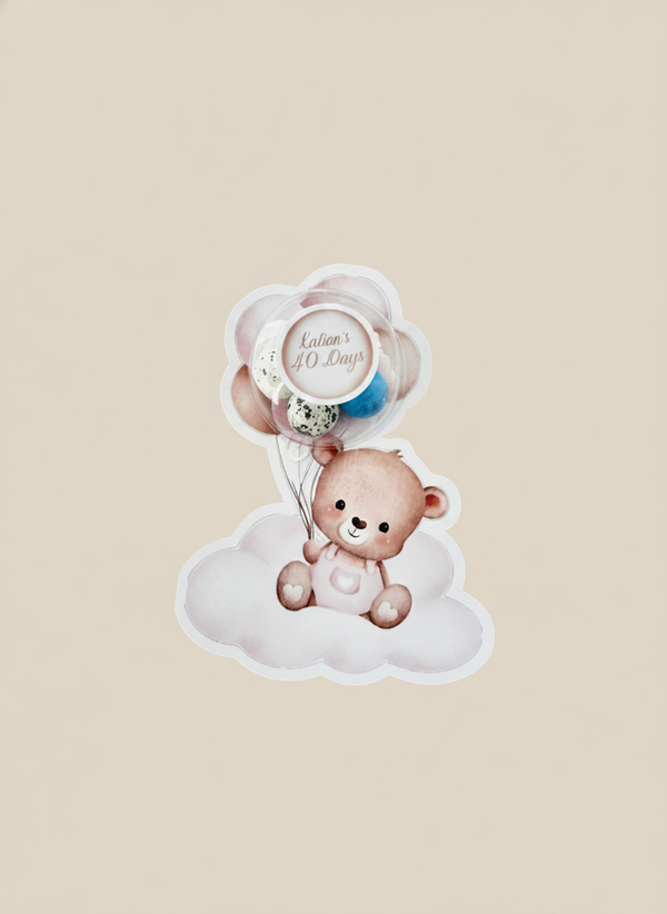 Pink Teddy Bear Cloud Baby 40 Days Favour Card — Bonbon Dome — Chocoodad Baku
