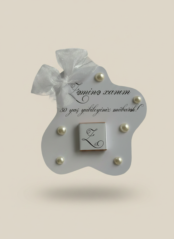 Pearl Anniversary Chocolate Card — Organza Bow & Monogram Gift — Chocoodad Baku