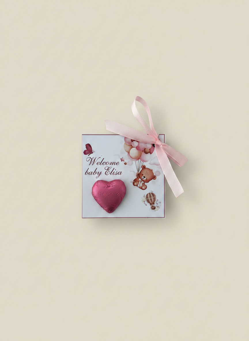 Pink Teddy Bear Welcome Baby Girl Chocolate Card — Heart Chocolate Favour — Chocoodad Baku