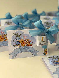 Winnie the Pooh 1st Birthday Chocolate Favour Card — Blue Satin Bow — Chocoodad Baku