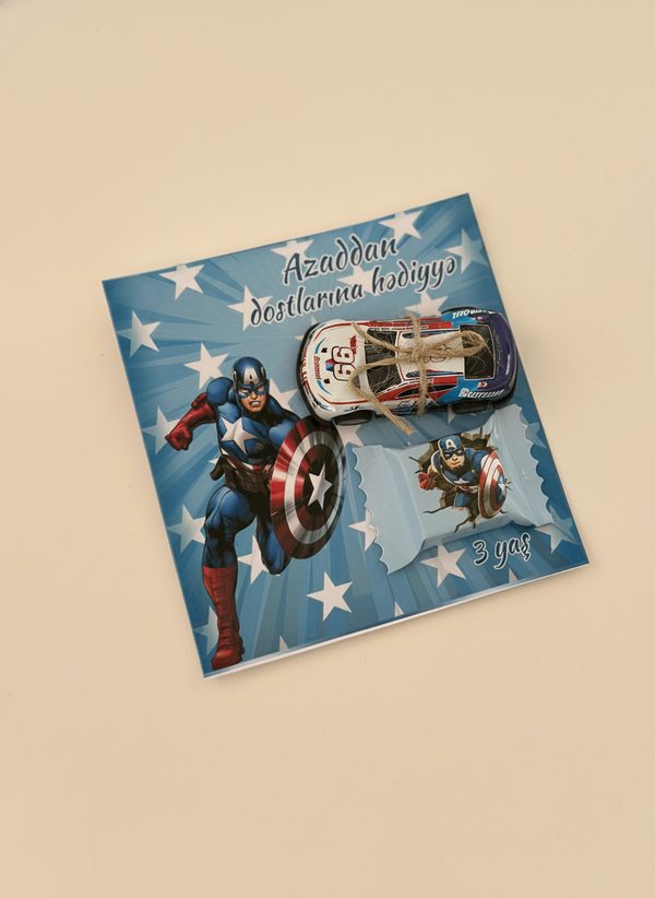 Captain America Birthday Accessory Card — Car Toy + Chocolate Gift — Chocoodad Baku