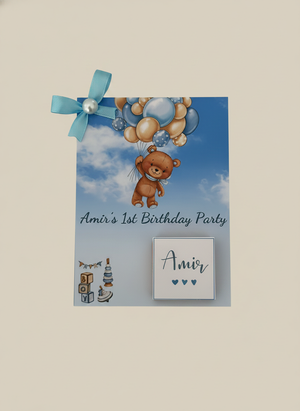 Teddy Bear Balloon 1st Birthday Favour Card — Blue Personalised Chocolate — Chocoodad Baku