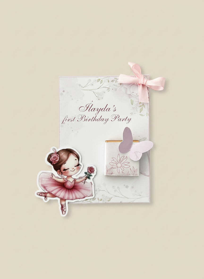 Ballerina Butterfly 1st Birthday Favour Card — Personalised Chocolate — Chocoodad Baku