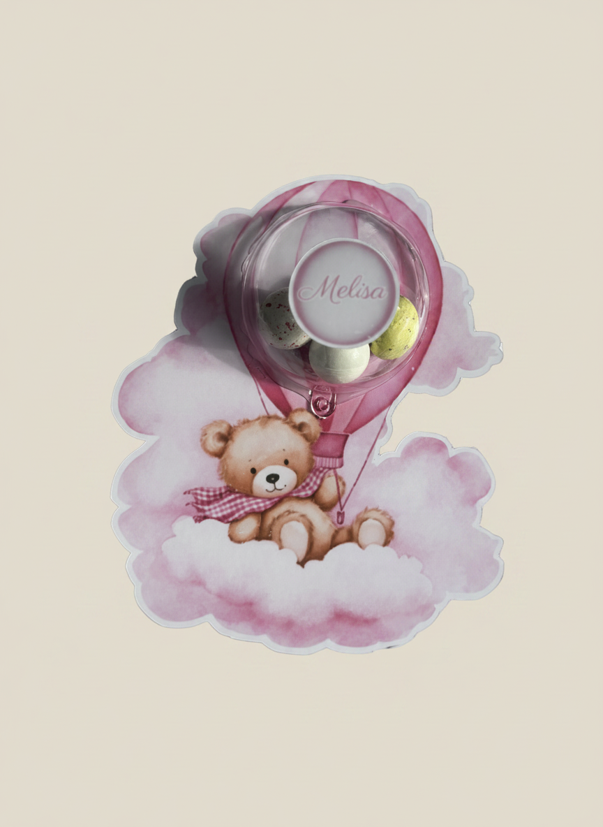 Pink Teddy Bear Hot Air Balloon Welcome Baby Girl Card — Bonbon Dome — Chocoodad Baku