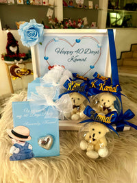 Blue Baby Boy 40 Days Gift Box — Teddy Bear & Chocolate Display Box (20 Chocolate Card + 5 Teddy Bear Rustic + Box) — Chocoodad Baku