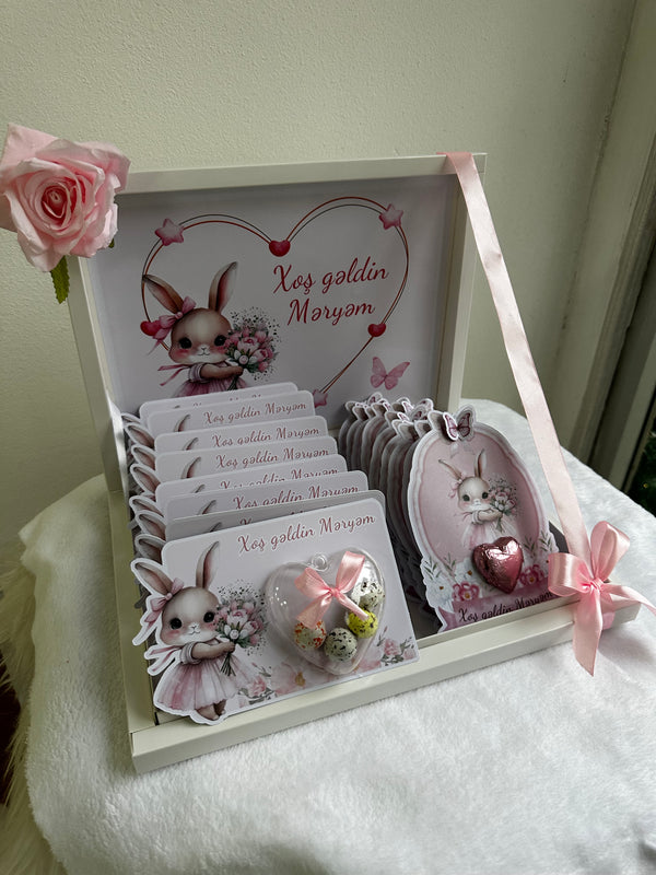 Pink Bunny Baby Girl Welcome Hamper — Bonbon & Chocolate Shadow Box — Chocoodad Baku