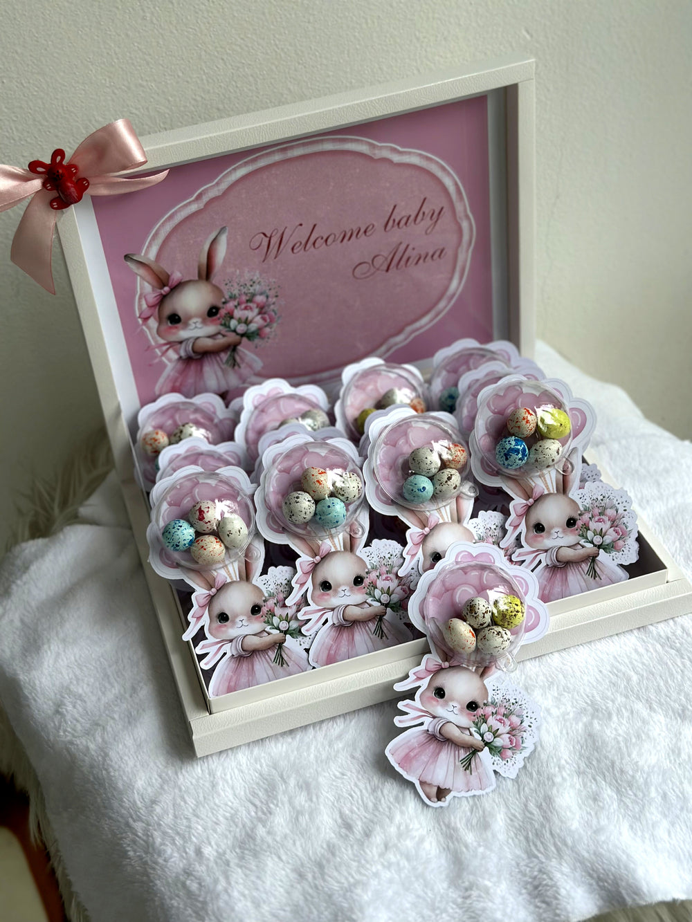 Pink Bunny Welcome Baby Girl Shadow Box — Bonbon Card Display — Chocoodad Baku