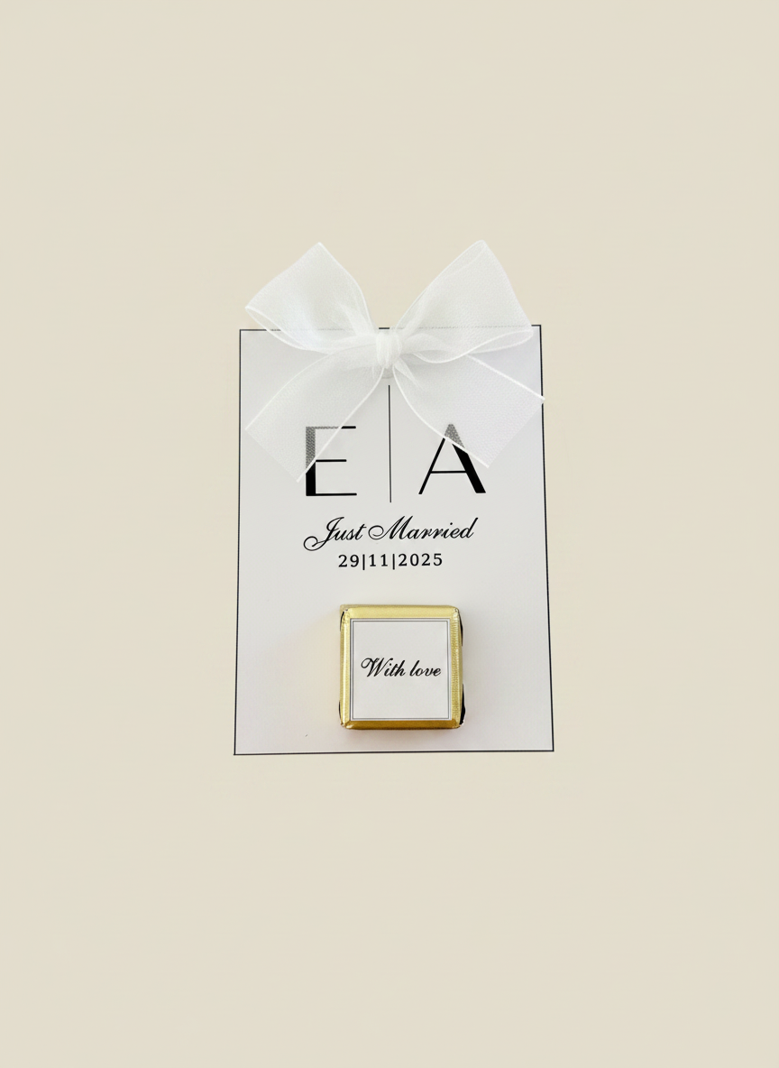 Just Married Monogram Wedding Chocolate Card — Organza Bow Favour — Chocoodad Baku