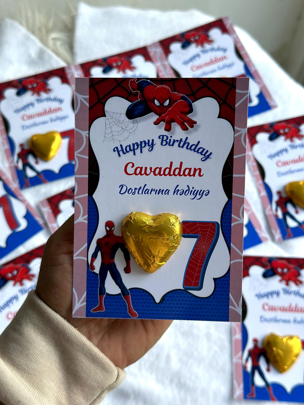 Spiderman Birthday Chocolate Card — Gold Heart Chocolate Favour — Chocoodad Baku