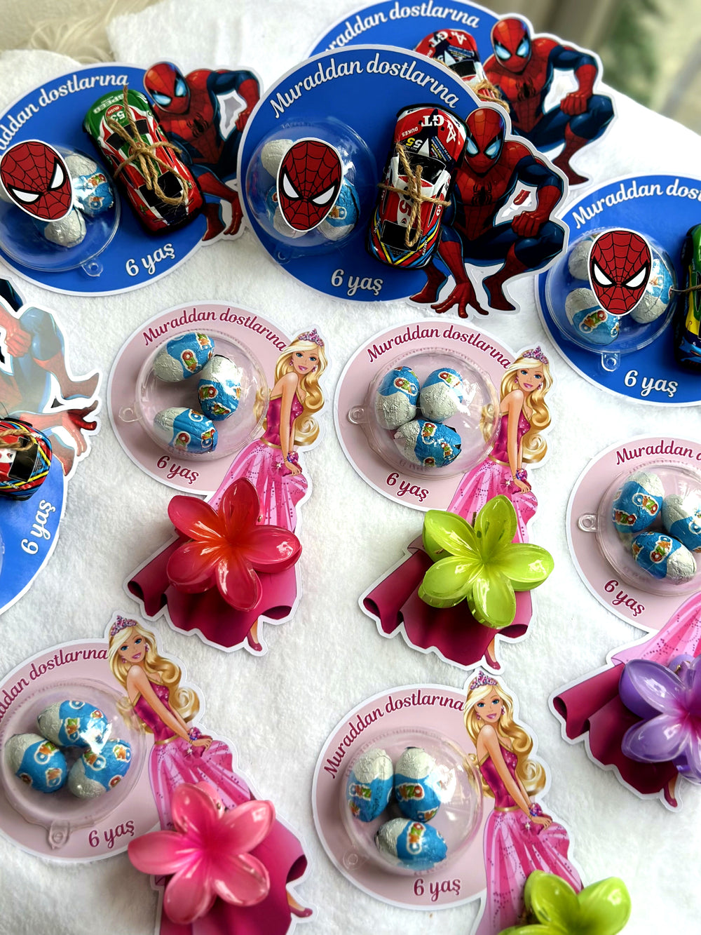Barbie & Spiderman Birthday Favour Card — Flower Hair Clip & Bonbon — Chocoodad Baku