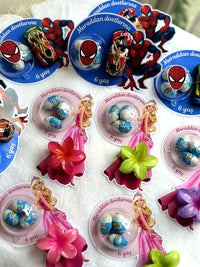 Barbie & Spiderman Birthday Favour Card — Flower Hair Clip & Bonbon — Chocoodad Baku