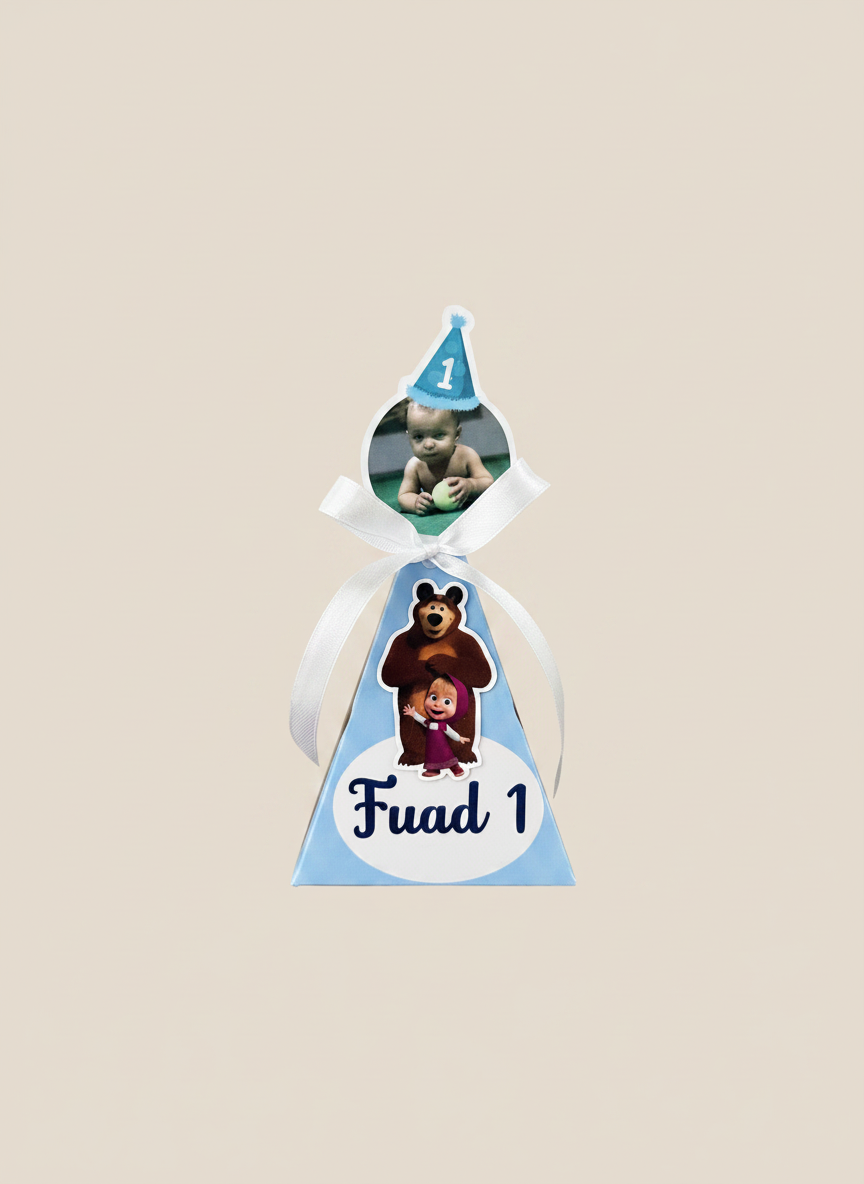 Masha and the Bear 1st Birthday Pyramid Box — Blue Ribbon Favour — Chocoodad Baku