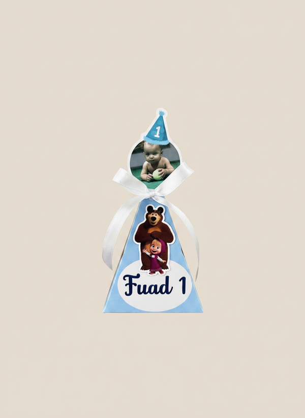 Masha and the Bear 1st Birthday Pyramid Box — Blue Ribbon Favour — Chocoodad Baku