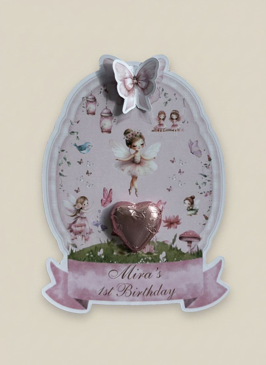 Fairy Angel 1st Birthday Favour Card — Pink Heart Chocolate & Butterfly — Chocoodad Baku