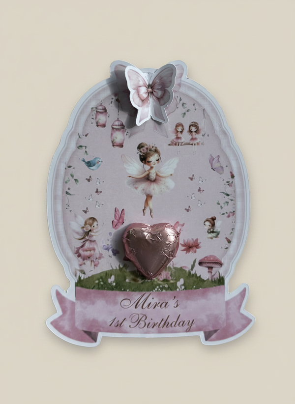 Fairy Angel 1st Birthday Favour Card — Pink Heart Chocolate & Butterfly — Chocoodad Baku
