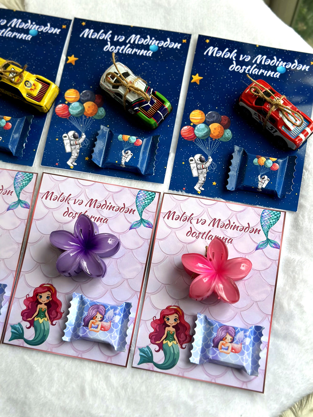 Little Mermaid & Space Birthday Accessory Card — Hair Clip & Car Toy — Chocoodad Baku