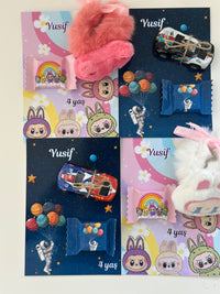 Space & Labubu Birthday Accessory Card — Car Toy & Puffy Hair Clip Gift — Chocoodad Baku