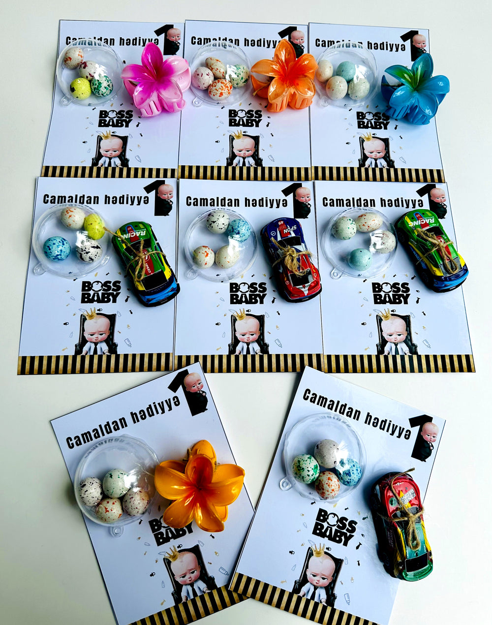 Boss Baby Birthday Favour Card — Toy Car & Hair Clip + Bonbon Set — Chocoodad Baku