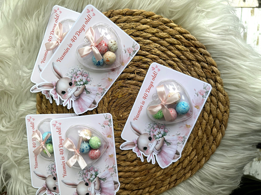 Bunny Ballerina Baby 40 Days Favour Card — Speckled Egg Bonbon Dome — Chocoodad Baku