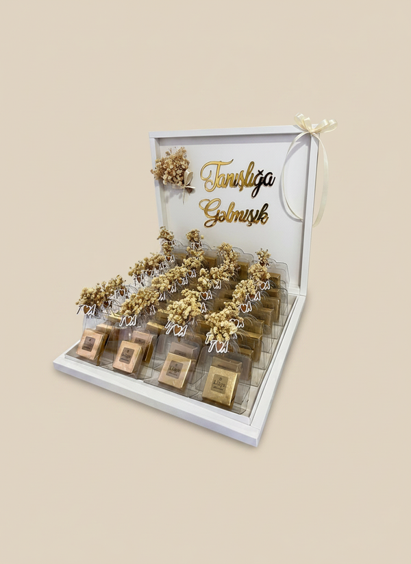 Yes Day Gold Acrylic Khoncha Box — Dried Flower & Liege Chocolate Display — Chocoodad Baku