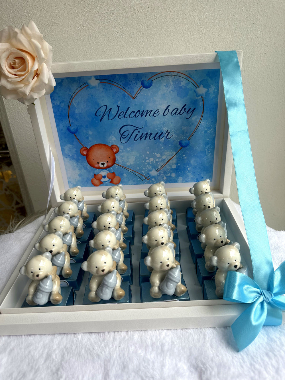 Porcelain Teddy Bear Newborn Welcome Box — (20 chocolates with porcelain gift & box) — Chocoodad Baku