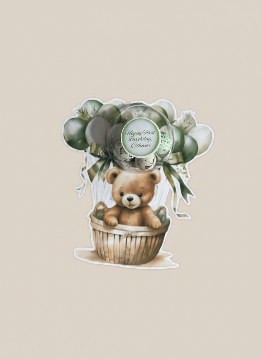 Green Teddy Bear Hot Air Balloon 1st Birthday Bonbon Card — Sage Gift — Chocoodad Baku