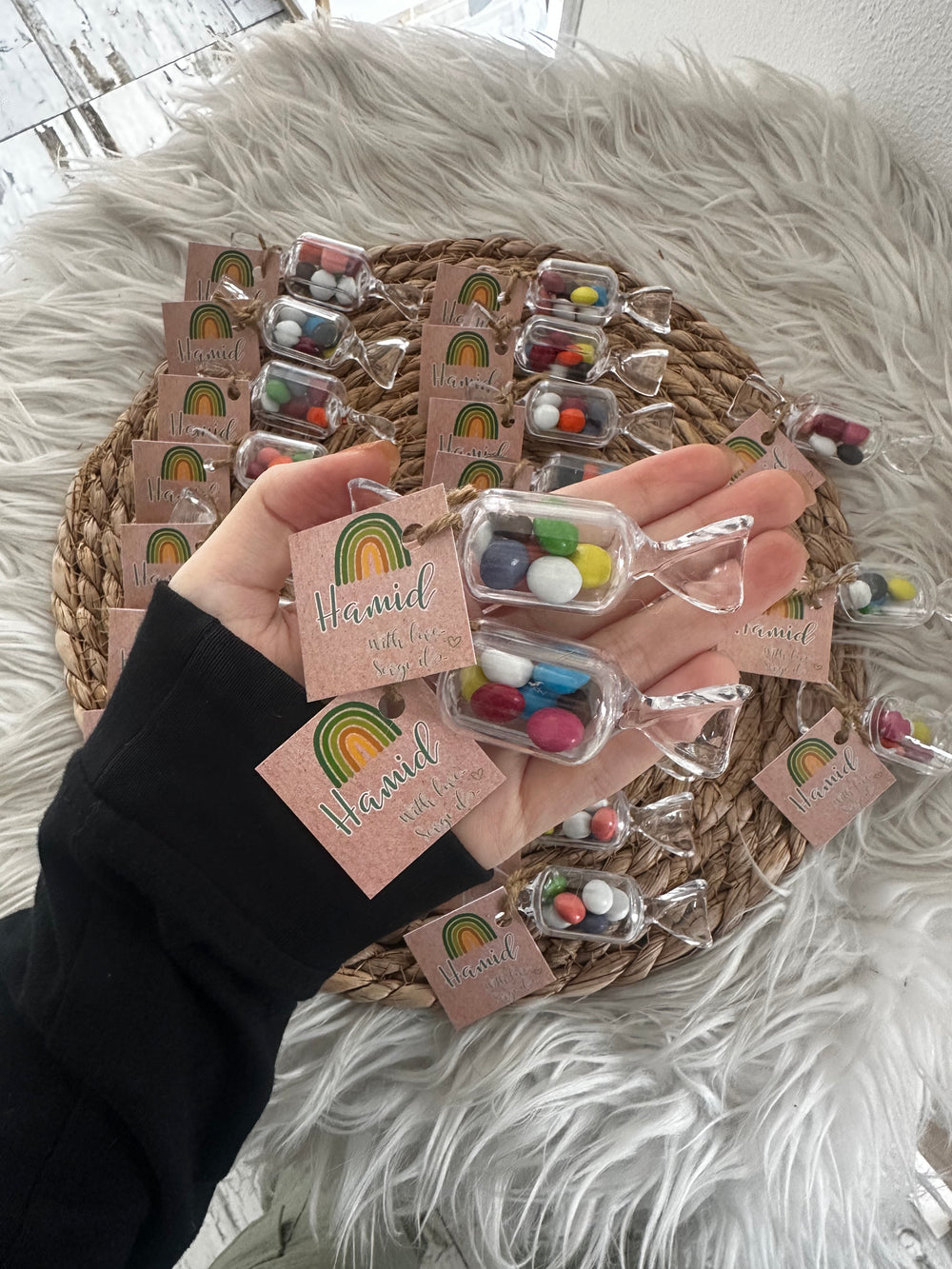 Rainbow Rustic Bonbon Candy Favour — Personalised Name Tag Gift — Chocoodad Baku