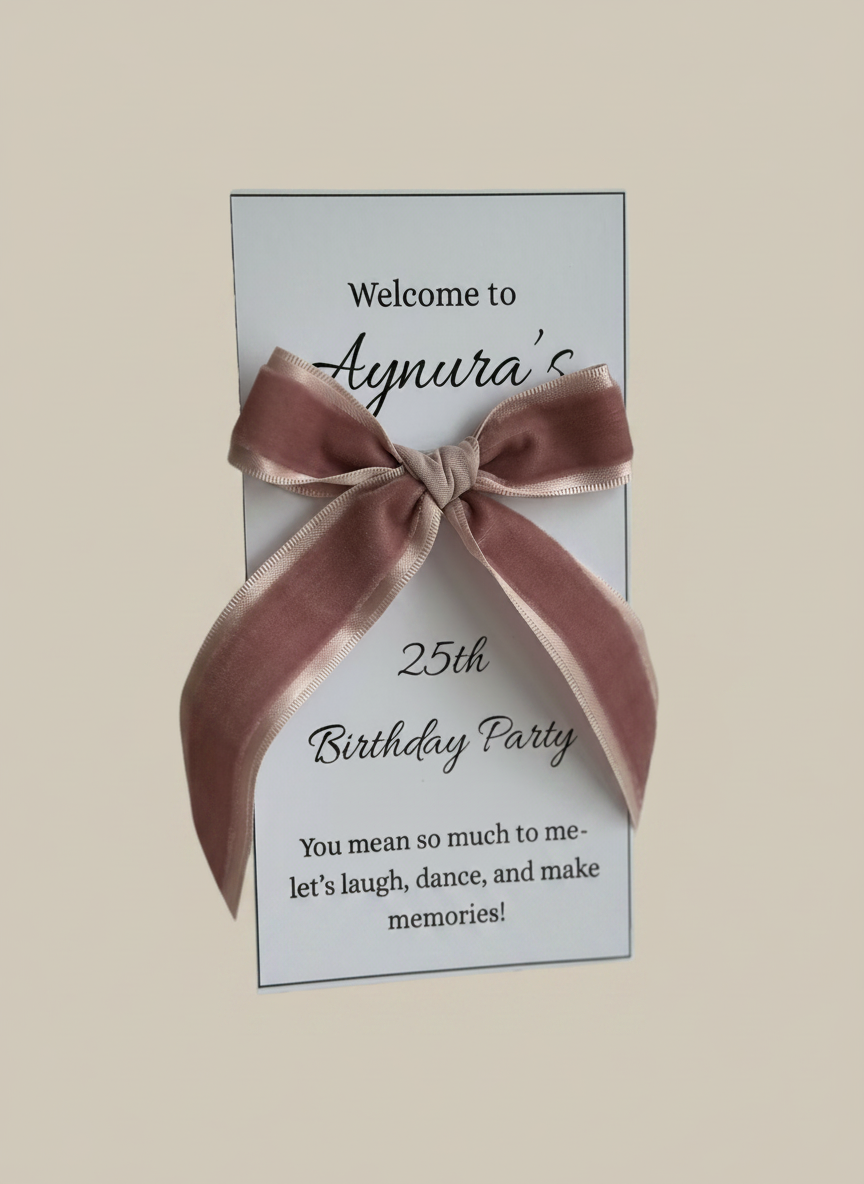 Velvet Bow Birthday Welcome Card — Personalised Guest Favour — Chocoodad Baku