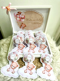 Pink Teddy Bear Baby Girl Welcome Box — 20 Bonbon Card Display Set — Chocoodad Baku