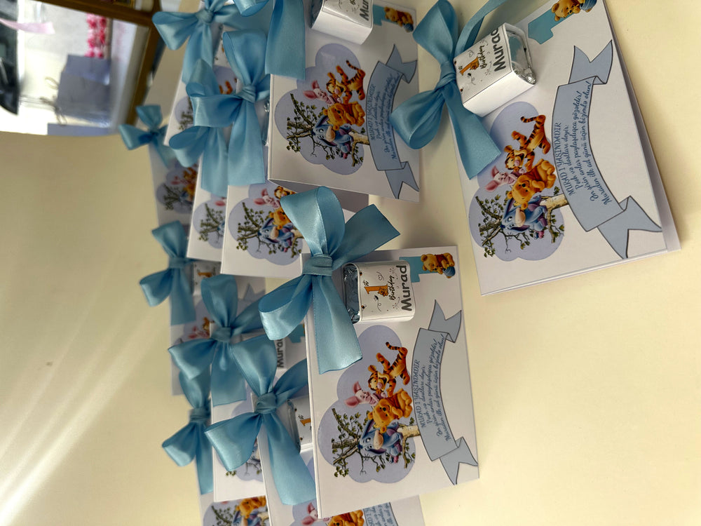 Winnie the Pooh 1st Birthday Chocolate Favour Card — Blue Satin Bow — Chocoodad Baku