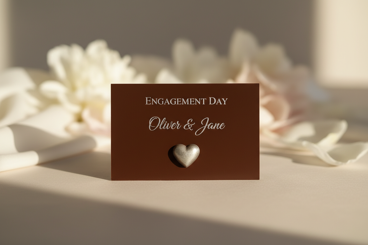 Minimalist luxury product photo of a single elegant chocolate card placed on a soft neutral table.The chocolate card is rectangular with a smooth glossy finish. On card,the text reads“Engagement Day”at the top “Oliver & Jane”below it, a small silver heart-shaped chocolate centered beneath the text.Soft blurred wedding elements in the background (light fabric or flowers),shallow depth of field. Warm natural daylight,gentle shadows,editorial wedding style.Clean composition with empty space,around the card.