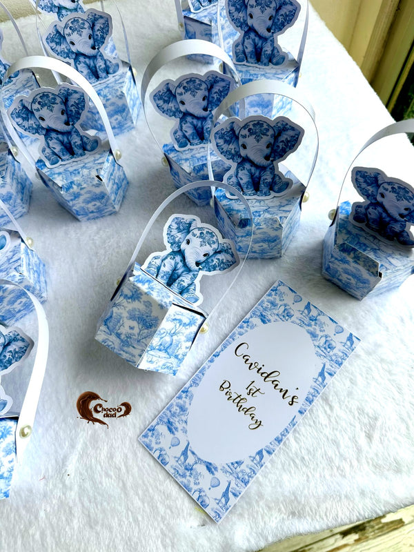 Blue Toile Elephant 1st Birthday Favor Boxes (a chocolate included) — Chocodad Baku