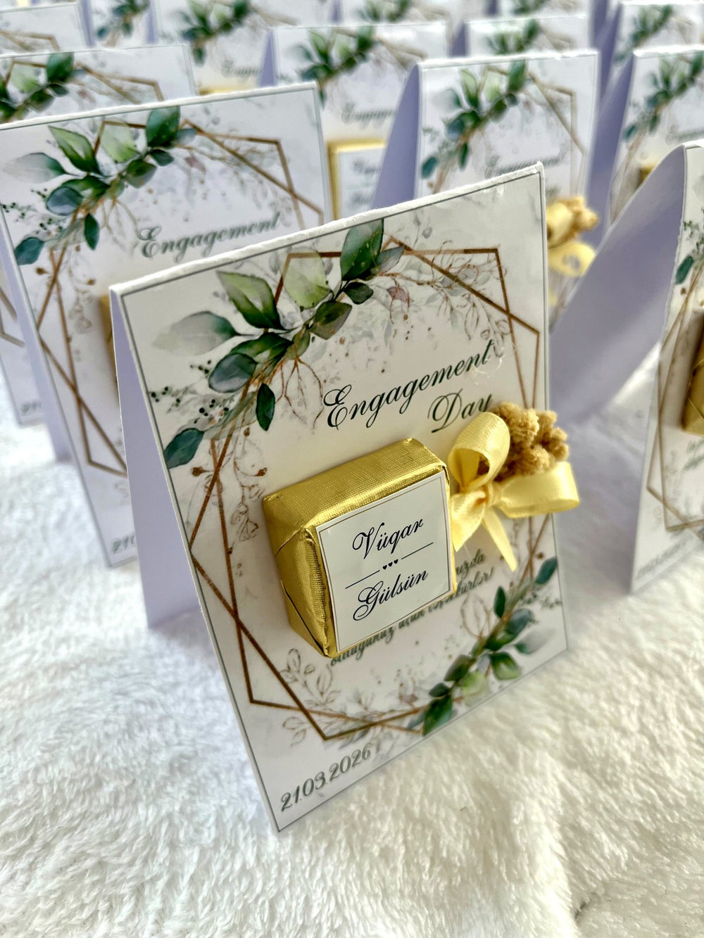 Gold Geometric Greenery Engagement Chocolate Favor Cards with Dried Flowers — Chocodad Baku