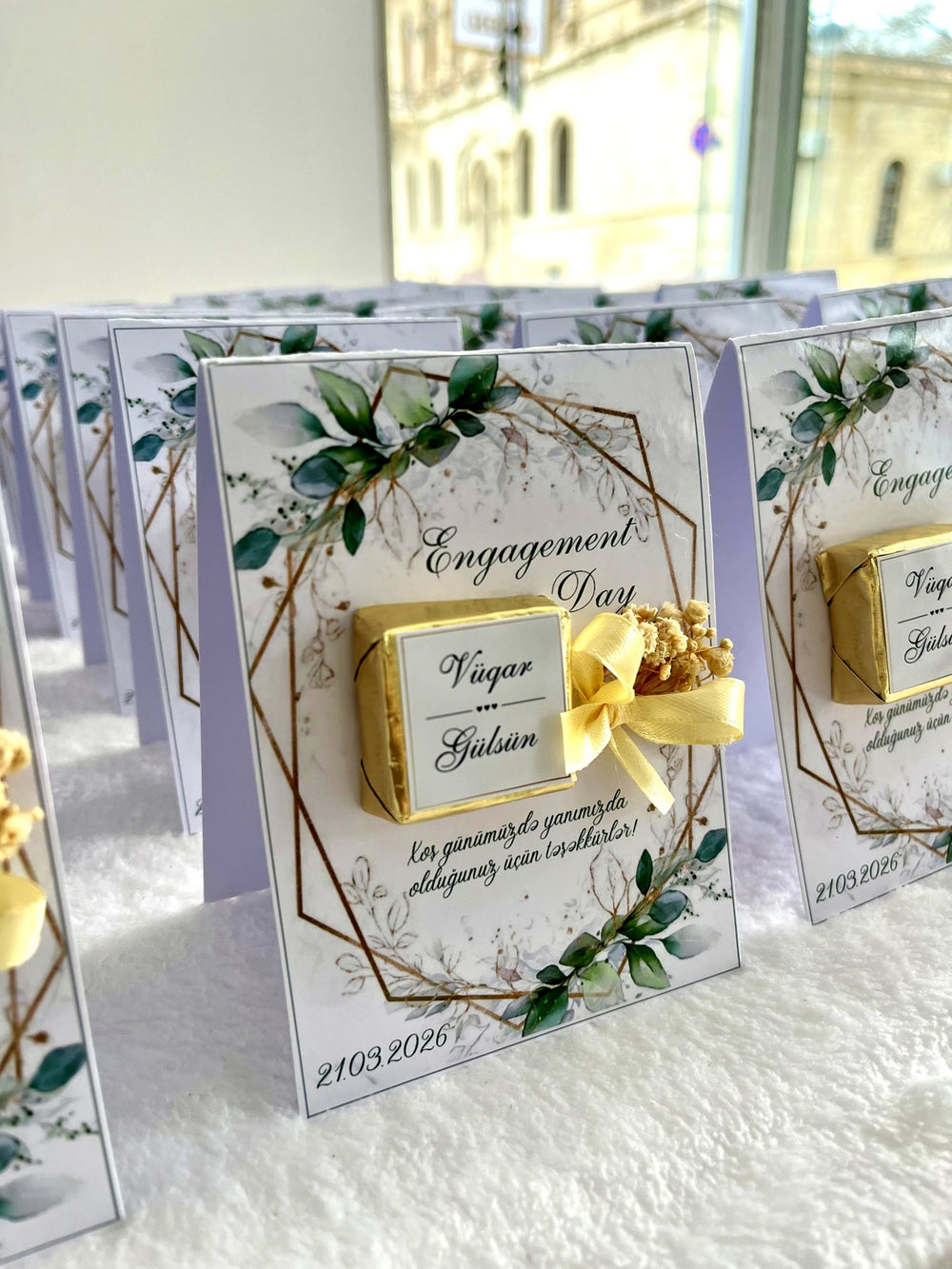 Gold Geometric Greenery Engagement Chocolate Favor Cards with Dried Flowers — Chocodad Baku