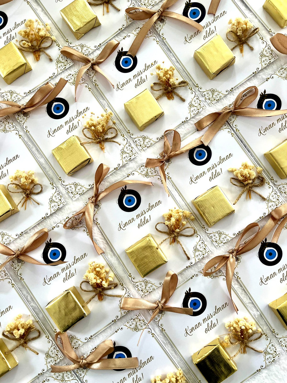 Evil Eye Circumcision Party Chocolate Favor Cards with Gold Chocolate & Dried Flowers — Chocodad Baku
