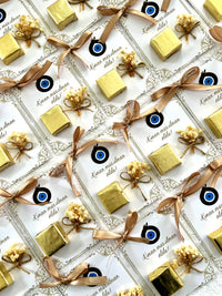 Evil Eye Circumcision Party Chocolate Favor Cards with Gold Chocolate & Dried Flowers — Chocodad Baku