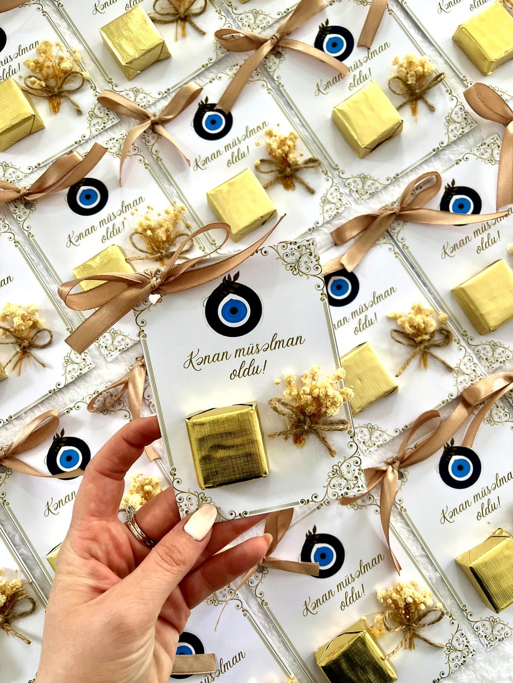Evil Eye Circumcision Party Chocolate Favor Cards with Gold Chocolate & Dried Flowers — Chocodad Baku