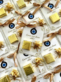 Evil Eye Circumcision Party Chocolate Favor Cards with Gold Chocolate & Dried Flowers — Chocodad Baku