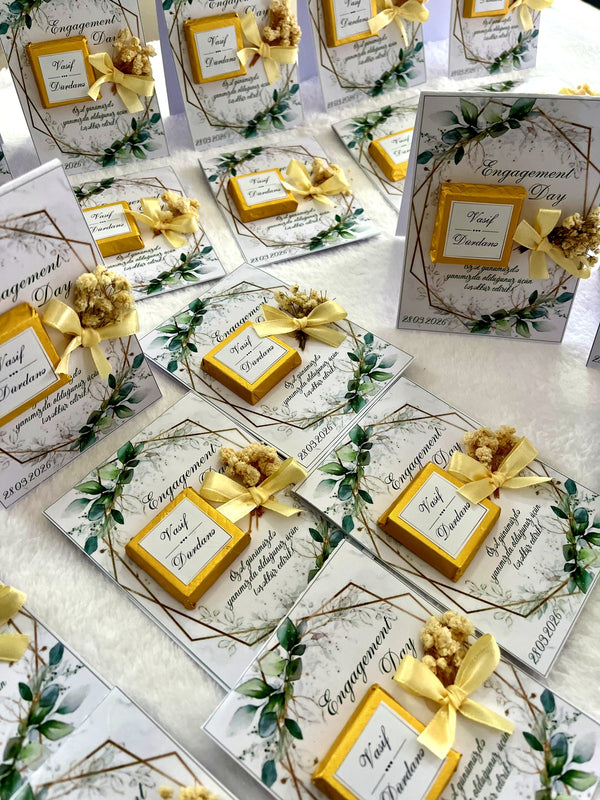 Gold Geometric Greenery Engagement Chocolate Favor Cards with Dried Flowers — Chocodad Baku