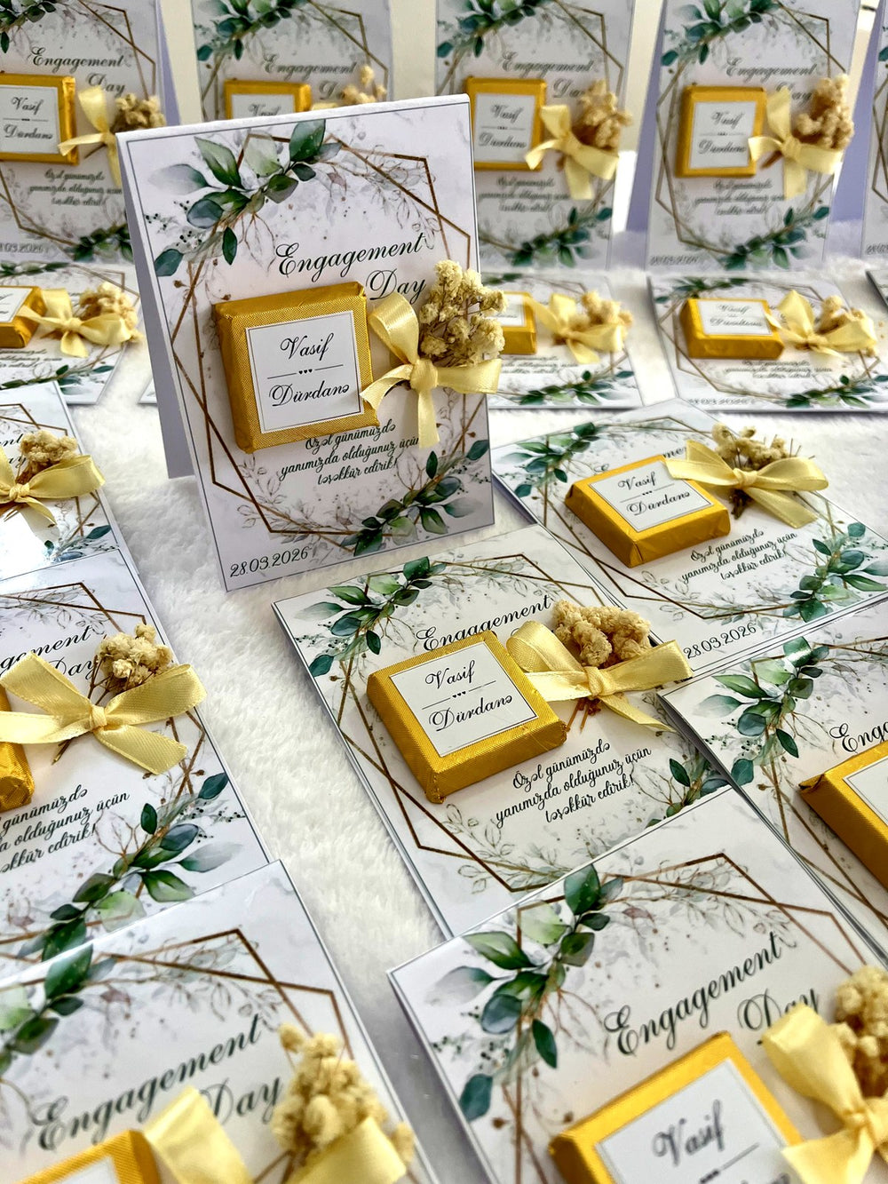 Gold Geometric Greenery Engagement Chocolate Favor Cards with Dried Flowers — Chocodad Baku
