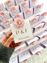 Pink Flower Monogram Tent Favor Cards with Chocolate Inside — Chocodad Baku