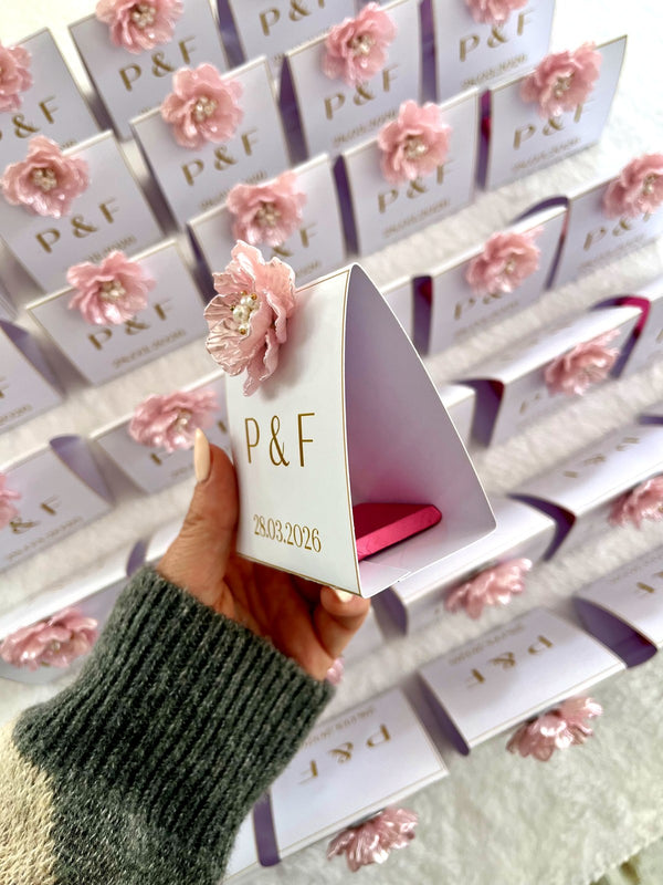 Pink Flower Monogram Tent Favor Cards with Chocolate Inside — Chocodad Baku
