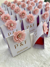 Pink Flower Monogram Tent Favor Cards with Chocolate Inside — Chocodad Baku