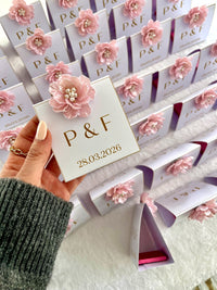 Pink Flower Monogram Tent Favor Cards with Chocolate Inside — Chocodad Baku