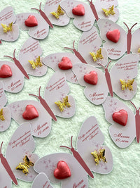 Pink Butterfly Birthday Favor Cards with Heart Chocolate & Gold Butterfly — Chocodad Baku