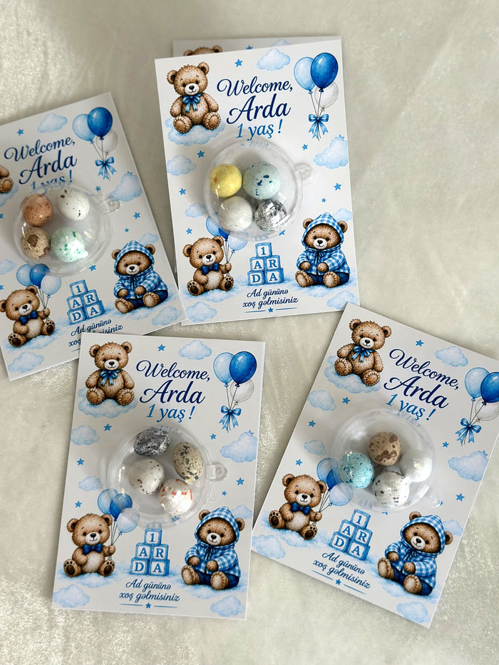 Blue Teddy Bear 1st Birthday Favor Cards Chocolate Dragées Included — Chocoodad Baku