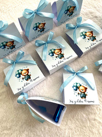 Teddy with Balloons Welcome Baby Pyramid Chocolate Favor with Blue Ribbon — Chocodad Baku