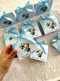 Teddy with Balloons Welcome Baby Pyramid Chocolate Favor with Blue Ribbon — Chocodad Baku