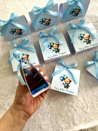 Teddy with Balloons Welcome Baby Pyramid Chocolate Favor with Blue Ribbon — Chocodad Baku